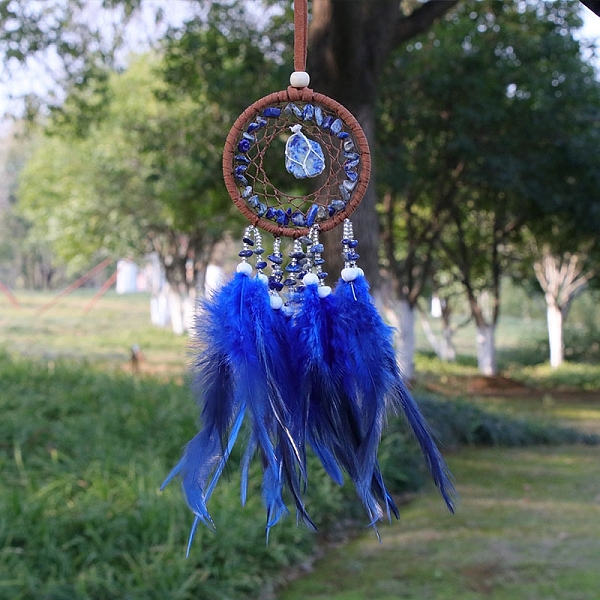

PandaHall Natural Lapis Lazuli Chips Woven Net/Web with Feather Pendant Decoration, Iron Ring Hanging Ornament, 400x70mm Lapis Lazuli Others