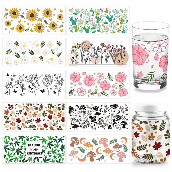 

PandaHall arricraft 10 Pcs 10 Styles Cup Transfer Sticker, Plant Cup Transfer Paper Flowers Rub on Stickers UV DTF Leaves Mushroom Cup Wrap..., Multicolor