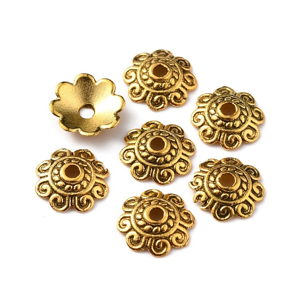 

PandaHall Tibetan Style Alloy Bead Caps, Multi-Petal, Flower, Antique Golden, 10x2.5mm, Hole: 1.6mm Alloy