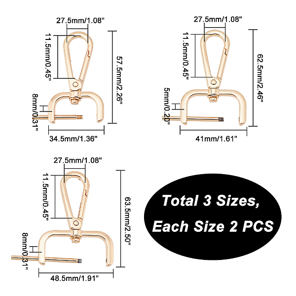 

PandaHall WADORN 6pcs Detachable Snap Hook Swivel Clasp, 3 Sizes Metal Swivel Snaps Hooks with D Rings 1/1.2/1.5 Inch Lanyards Trigger Snap...