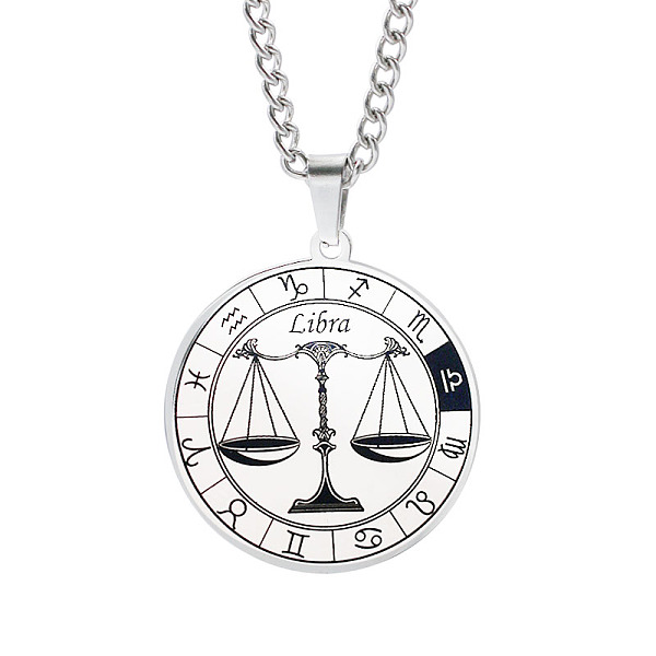 

PandaHall Unisex 201 Stainless Steel Constellation Pendant Necklaces, with Curb Chains, Laser Engraved Pattern, Flat Round, Libra, 13.19...