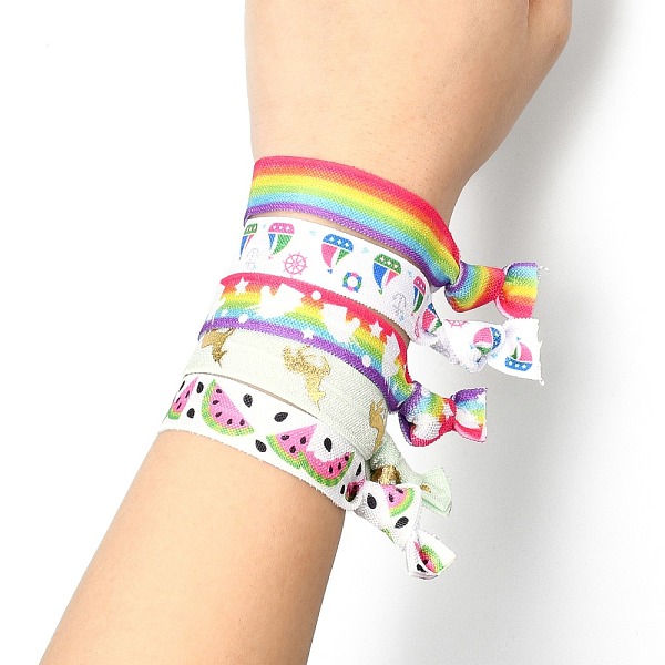 

PandaHall Girls Hair Accessories, Nylon Hair Ties, Ponytail Holder, Hair Accessories, Knot, Unicorn Pattern, 95~107x15~17mm Nylon Planet