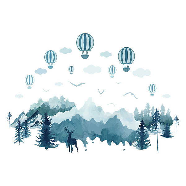 PandaHall SUPERDANT Blue Watercolor Scenery Stickers Mountain Forest Deer Wall Art Hot Air Balloon Wall Decals Peel and Stick RemovableWall...