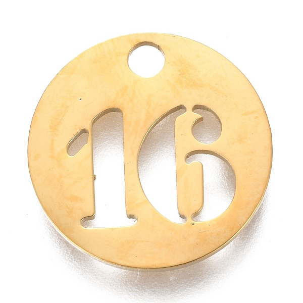 PandaHall 304 Stainless Steel Pendants, Cut-Out, Hollow, Flat Round with Number, Golden, Num.16, 19x1.5mm, Hole: 2.5mm Stainless Steel...