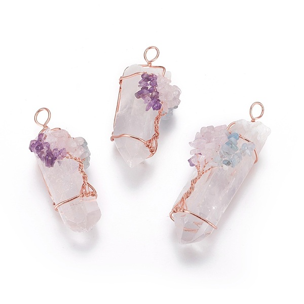 

PandaHall Natural Quartz Crystal Big Pendants, with Mixed Stone Chips and Brass Findings, Nuggets, Rose Gold, 58~105x22~35mm, Hole: 5~12mm..., Multicolor