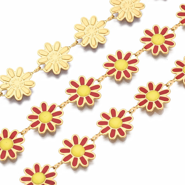 

PandaHall 304 Stainless Steel & Enamel Link Chains, with Spool, Unwelded, Real 16K Gold Plated, Nickel Free, Flower, FireBrick, 13.5x10x1mm..., Red