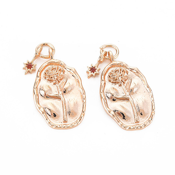 

PandaHall Brass Hyacinth Rhinestone Pendants, Birth Flower Charms, Nickel Free, Oval with Star, Real 18K Gold Plated, January Carnation..., Red