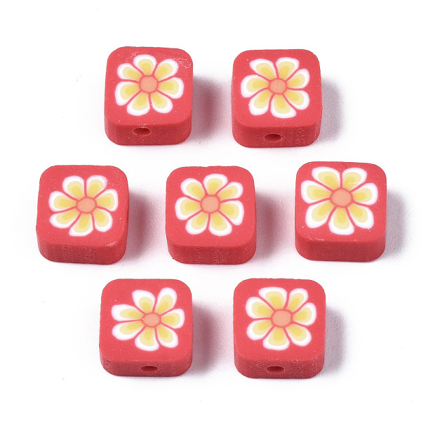PandaHall Handmade Polymer Clay Beads, for DIY Jewelry Crafts Supplies, Square with Flower, Champagne Yellow, 9~9.5x9.5x4~4.5mm, Hole: 1.8mm...