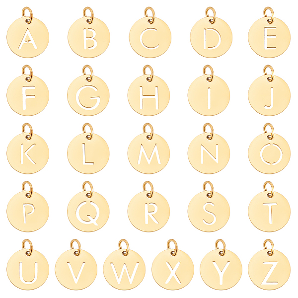 

PandaHall Unicraftale 26Pcs 26 Styles 304 Stainless Steel Charms, Flat Round with Letter, Golden, 12x1mm, Hole: 2.5mm, 1pc/style 304...