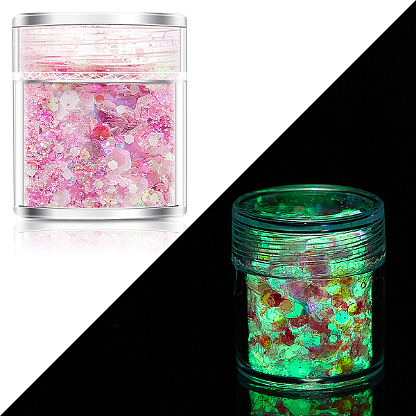 

PandaHall Luminous Nail Art Glitter Powder, Starry Sky Effect, Shiny Nail Decoration, Glow in the Dark, Flamingo, 1~3mm Plastic Others Pink