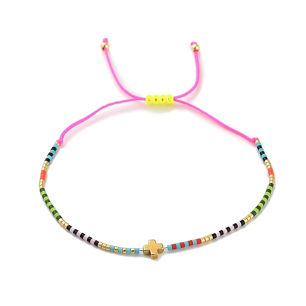 

PandaHall Cross & Glass Seed Braided Bead Bracelet, Adjustable Bracelet, Pearl Pink, no size Glass Cross