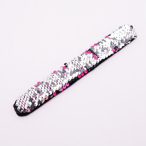 

PandaHall Mermaid Slap Bracelets, Two-color Reversible Charm Sequins Flip Wristbands, Camellia, 214x28x5.5mm Plastic Pink