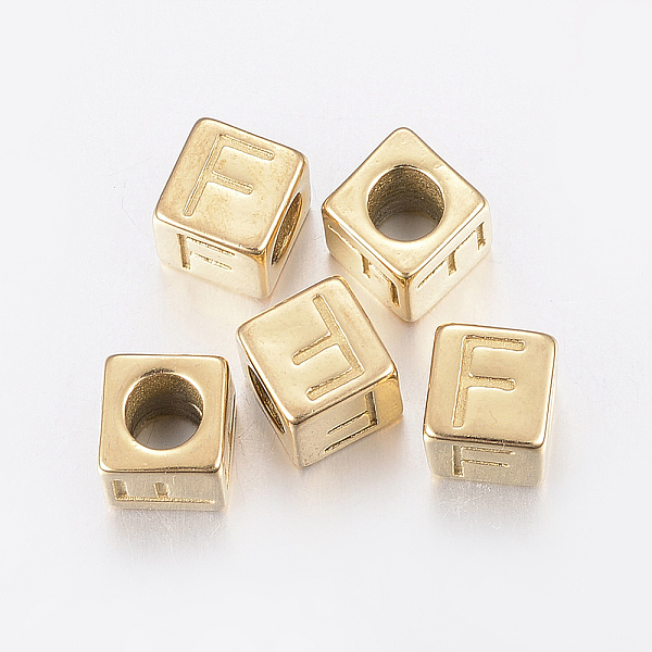 

PandaHall 304 Stainless Steel Large Hole Letter European Beads, Horizontal Hole, Cube with Letter.F, Golden, 8x8x8mm, Hole: 5mm 304...