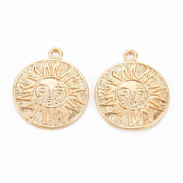 

PandaHall Brass Pendants, Nickel Free, Flat Round with Sun, Real 18K Gold Plated, 17x14.5x1mm, Hole: 1.4mm Brass Flat Round