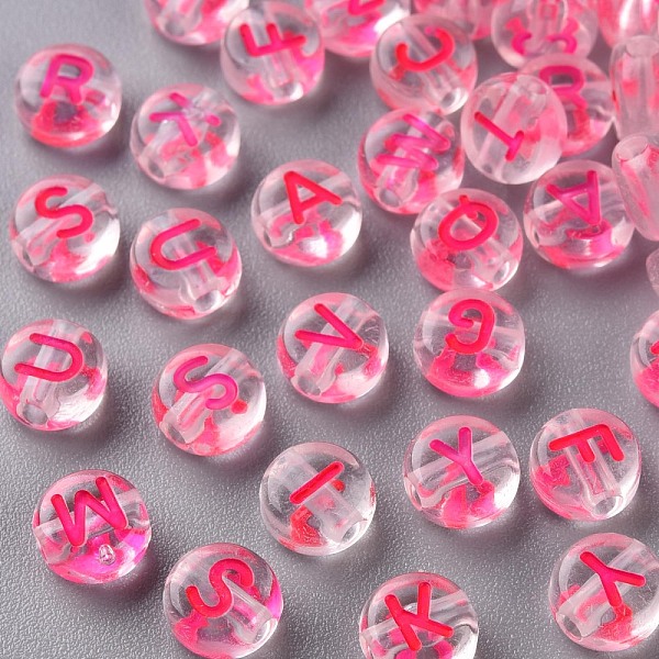 

PandaHall Transparent Clear Acrylic Beads, Horizontal Hole, Flat Round with Random Letter, Deep Pink, 7x4mm, Hole: 1.6mm, about 3700pcs/500g...