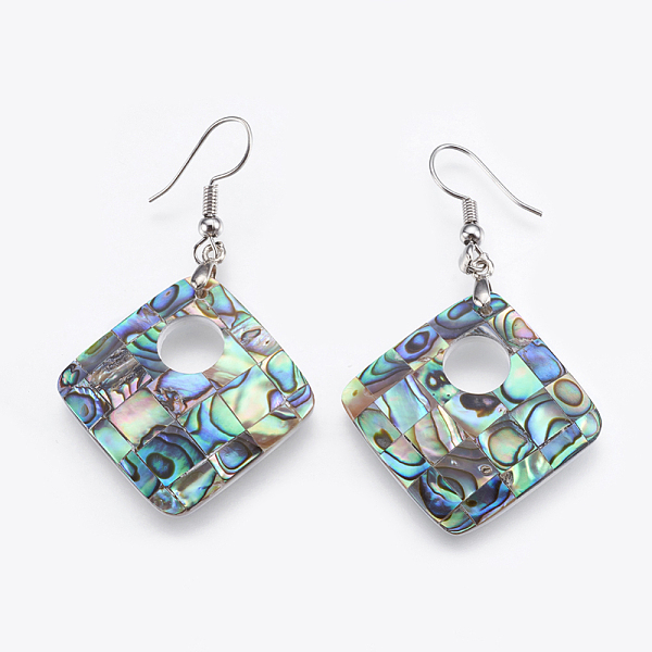 

PandaHall Abalone Shell/Paua Shell Dangle Earrings, with Brass Findings, Rhombus, Platinum, 55mm, Pin: 0.7mm Shell