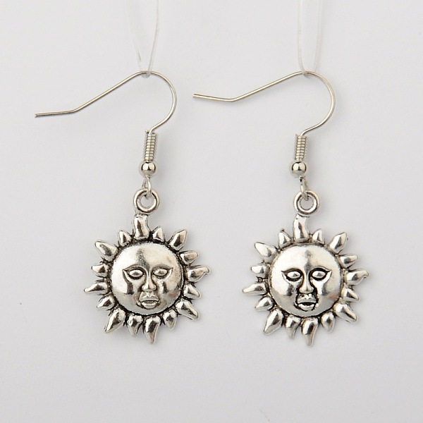 

PandaHall Tibetan Style Alloy Sun Earrings, with Brass Earring Hooks, Platinum and Antique Silver, Mixed Color, 38mm, Pin: 0.7mm Alloy