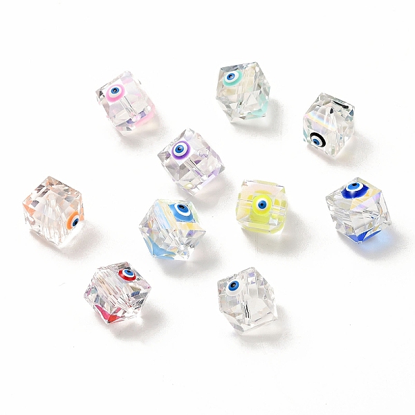 

PandaHall Transparent Glass Beads, with Enamel, Faceted, Cube with Evil Eye Pattern, Mixed Color, 10~11x9x10mm, Hole: 1.6mm Glass Cube..., Multicolor