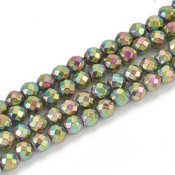 PandaHall Electroplate Non-magnetic Synthetic Hematite Beads Strands, Round, Faceted, Rainbow Plated, 3x3mm, Hole: 0.8mm, about...