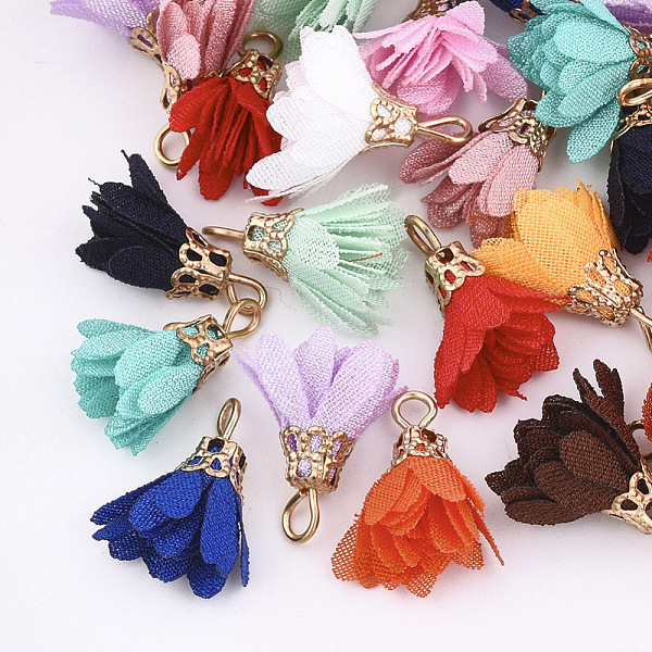 

PandaHall Cloth Pendants, with Iron Findings, Flower, Light Gold, Mixed Color, 17~20x10~16mm, Hole: 2mm Cloth Flower Multicolor