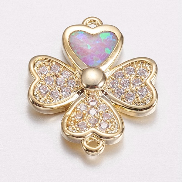 

PandaHall Brass Micro Pave Cubic Zirconia Links, with Synthetic Opal, Four Leaf Clover, Golden, Pink, 15x18x3mm, Hole: 0.8mm Brass+Cubic...