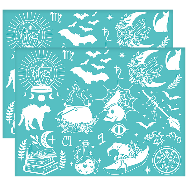 

PandaHall OLYCRAFT 2Pcs 11x8.6 Inch Witch Theme Self-Adhesive Silk Screen Printing Stencil Magic Broom Bat Cat Silk Screen Stencil Crystal...
