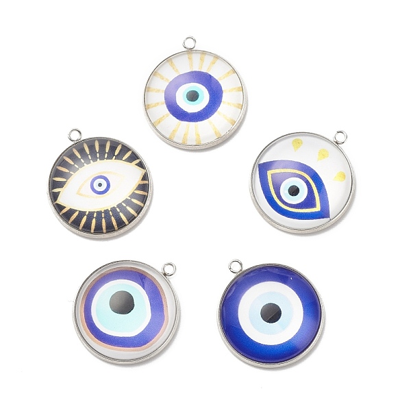 

PandaHall Luminous Glass Pendants, with 304 Stainless Steel Findings, Flat Round with Evil Eye Pattern, Stainless Steel Color...