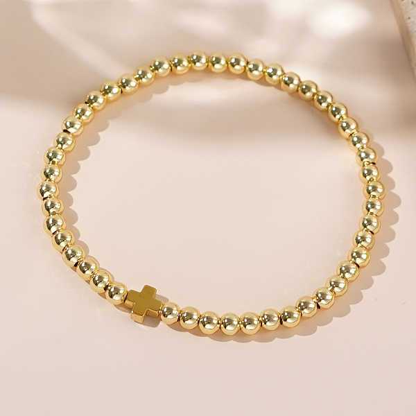 

PandaHall Easter Round Brass Beaded Stretch Bracelets, Cross Bracelets for Women Men, Real 18K Gold Plated Brass Cross