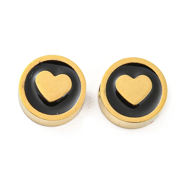 

PandaHall Ion Plating(IP) Rack Plating 316L Surgical Stainless Steel Beads, with Enamel, Real 18K Gold Plated, Flat Round with Heart, Black...
