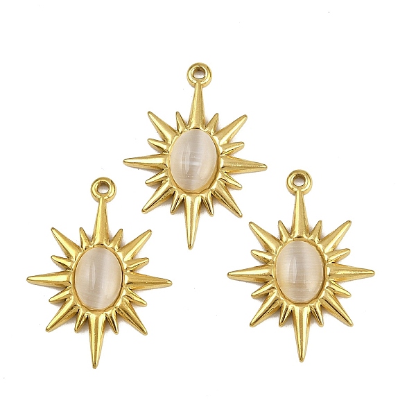 Pendentifs œil de chat en acier inoxydable 304, charme en forme de soleil, placage ionique (ip), véritable 18k plaqué or, 24.5x18x3.5mm, Trou: 1.2mm