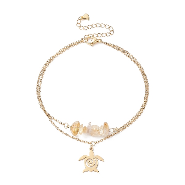

PandaHall Natural Citrine Chips Beaded & Turtle Charms Double Layer Multi-strand Bracelet, Stainless Steel Jewelry for Women, Golden, 9-3/8..., Gold