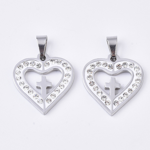 

PandaHall 201 Stainless Steel Pendants, with Random Size Snap On Bails and Polymer Clay Crystal Rhinestones, Heart with Cross, Stainless..., Clear