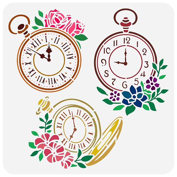 PandaHall FINGERINSPIRE Vintage Clocks Stencil 11.8x11.8inch Reusable 3 Style Watches Pattern Painting Template DIY Craft Flower...