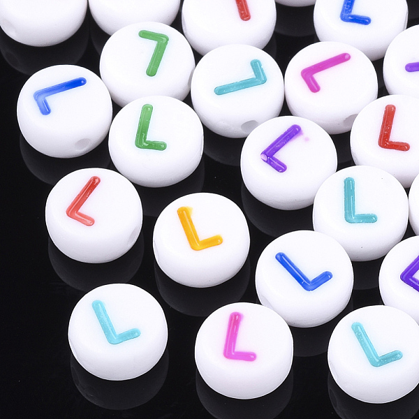 

PandaHall Initial Acrylic Beads, Horizontal Hole, Flat Round, Mixed Color, Letter.L, 7x3.5~4mm, Hole: 1.2mm Acrylic Flat Round Multicolor