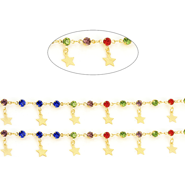 

PandaHall 3.28 Feet Handmade Brass Link Chains, with Glass Rhinestone & Brass Star Charms, Long-Lasting Plated, Soldered, Real 18K Gold...