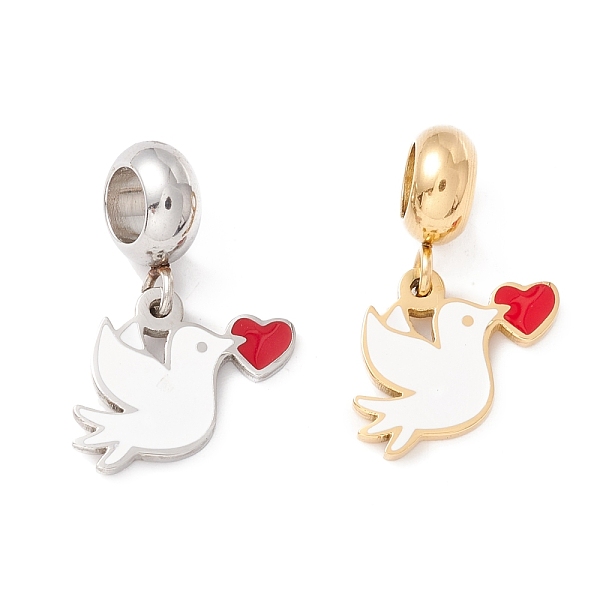 

PandaHall 304 Stainless Steel European Dangle Charms, Large Hole Pendants, with Enamel, Bird with Heart, Golden & Stainless Steel Color..., White