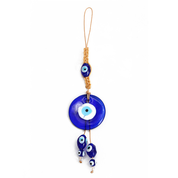 

PandaHall Flat Round with Evil Eye Glass Pendant Decorations, Polyester Braided Hanging Ornament, Royal Blue, 180mm Glass Evil Eye