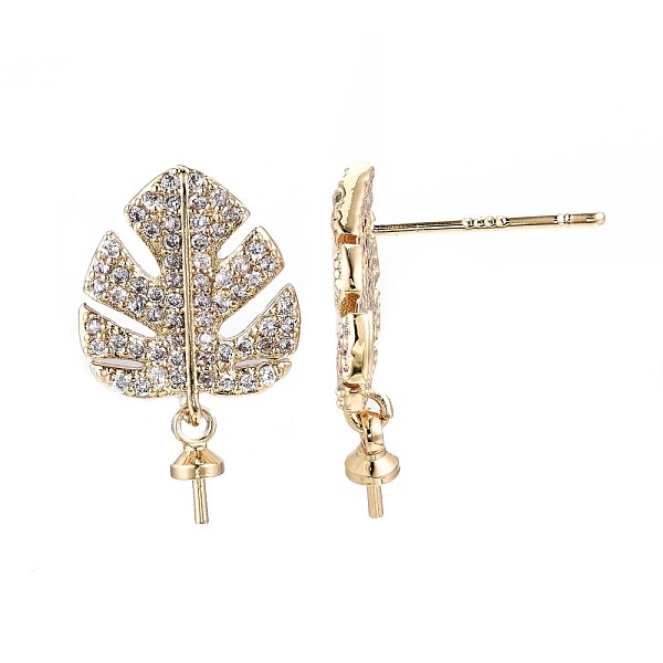 

PandaHall Brass Micro Pave Clear Cubic Zirconia Stud Earring Findings, For Half Drilled Bead, Leaf, Real 18K Gold Plated, 18x11mm, Pin...