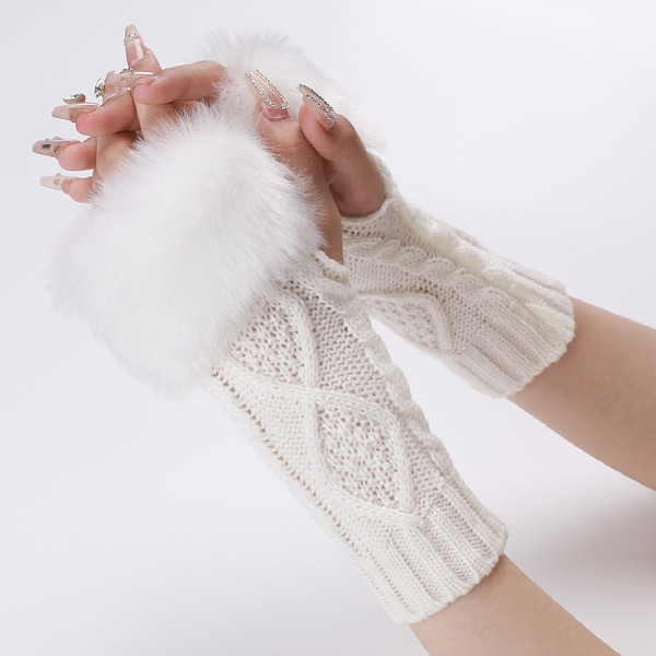 PandaHall Polyacrylonitrile Fiber Yarn Knitting Fingerless Gloves, Fluffy Winter Warm Gloves with Thumb Hole, White, 200~260x125mm Fibre...