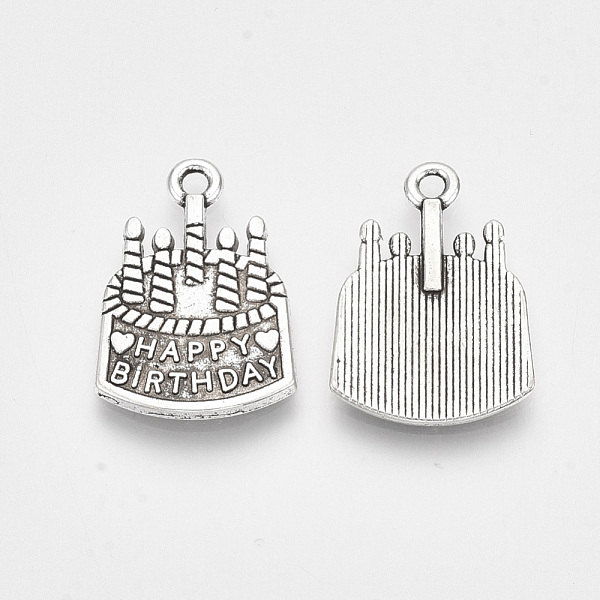 PandaHall Tibetan Style Alloy Pendants, Cadmium Free & Lead Free,, Cake Word with Happy Birthday, Antique Silver, 21.5x15x2mm, Hole: 1.8mm...