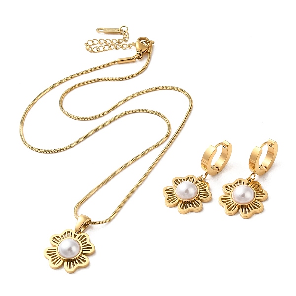 

PandaHall Flower 304 Stainless Steel Jewelry Set, Plastic Pearl Dangle Hoop Earrings and Pendant Necklace, Golden, Necklaces: 402mm; Earring...