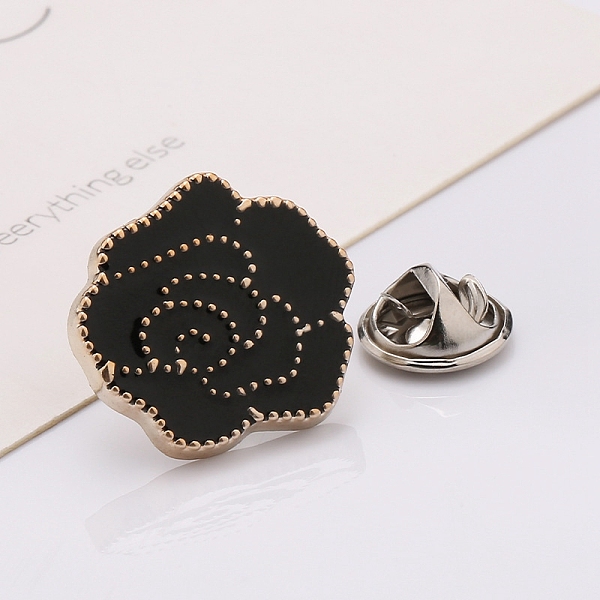 PandaHall Plastic Brooch, Alloy Pin, with Enamel, for Garment Accessories, Rose Flower, Black, 21mm Alloy+Enamel Flower Black