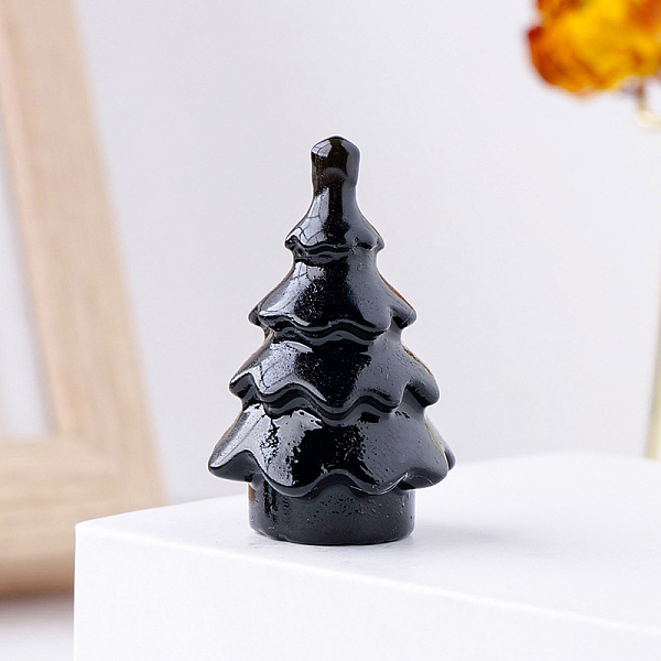 PandaHall Natural Obsidian Christmas Tree Statue, for Home Desktop Display Decoration, 35~40x20~25mm Obsidian Christmas Tree