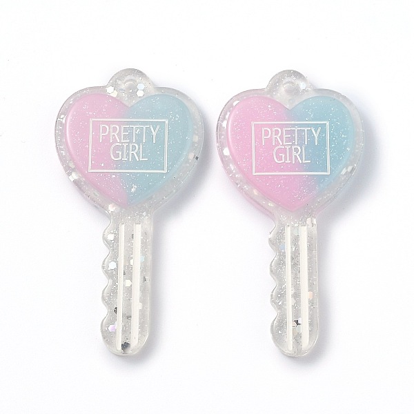 

PandaHall Two Tone Resin Big Pendants, Glitter Powder, Heart Key with Word PRETTY GIRL, Pink, 59x30x6mm, Hole: 2.3mm Resin Key Pink