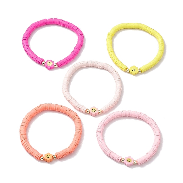 

PandaHall Handmade Polymer Clay Beaded Smiling Face Flower Stretch Bracelets, with Electroplate Non-magnetic Synthetic Hematite Beads, Mixed..., Multicolor