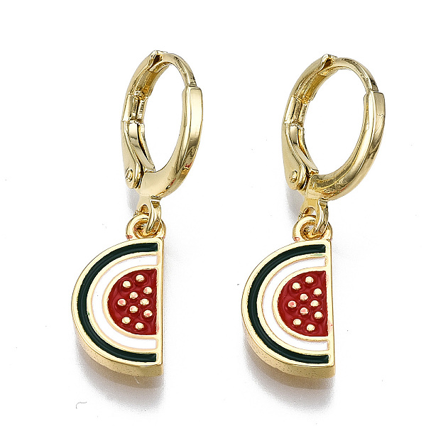 

PandaHall Brass Enamel Huggie Hoop Earrings, Nickel Free, Watermelon, Real 16K Gold Plated, Red, 26.5x7.5mm, Pin: 1mm Brass Fruit Red