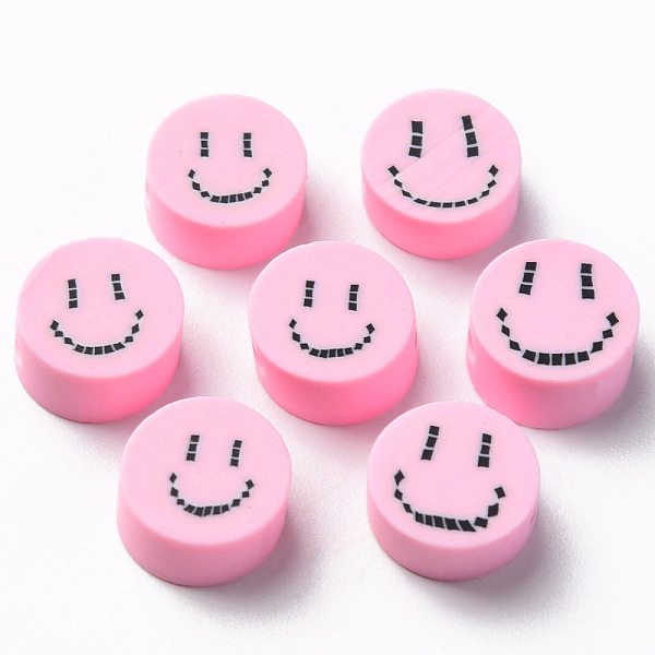 

PandaHall Handmade Polymer Clay Beads, for DIY Jewelry Crafts Supplies, Flat Round with Smiling Face, Pink, 9x4~5mm, Hole: 1.6mm Polymer...