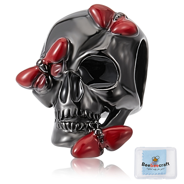 

PandaHall Beebeecraft 1Pc 925 Sterling Silver European Beads, Large Hole Beads, with Enamel, Skull with Butterfly, Dark Red, 12x8.5x8mm...
