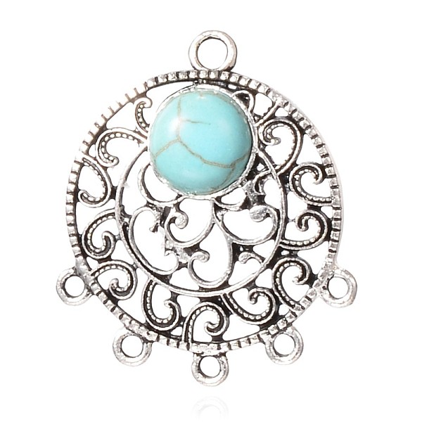 

PandaHall Tibetan Style Alloy Chandelier Components, Flat Round, with Synthetic Turquoise, Antique Silver, 35x30x6mm, Hole: 3mm Alloy Flat..., Green