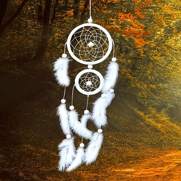 

PandaHall Feather Pendant Decotations, with Wooden Beads, ABS Plastic Rings and Faux Suede Cord, Woven Net/Web, White, 500mm, Ring: 70~110mm...